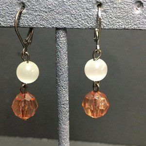 Double Dangle Pierced Earrings Milky White Round Faceted Mauve Purple Silver